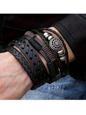 Leather Cuff Bracelet Wrist 4pc Black Rock Edgy Goth Grunge Punk Viking Trendy
